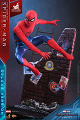 A full front view of the Hot Toys Spider Man Final Swing suit action figure standing in a dynamic hero pose.