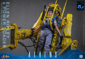 full front view of the Hot Toys one sixth scale Ellen Ripley action figure strapped into the yellow Power Loader mech suit.