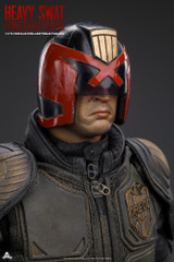 Close up shot highlighting the highly detailed head sculpt and intricate chest armor of the Heavy SWAT collectible figure.