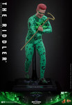 full body studio shot of the Hot Toys one sixth scale The Riddler figure wearing his green question mark suit and holding his gold cane