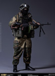 A detailed close up shot highlights the intricate craftsmanship of the PKM machine gun and ammunition belt included with this military collectible.