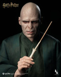 A close up of the incredibly realistic Lord Voldemort head sculpt featuring detailed skin textures and piercing eyes.