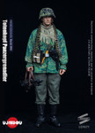 Full body front view of the UJINDOU military figure posing dynamically while aiming the highly detailed MG42 machine gun accessory.