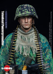 Detailed side profile showing the intricately stitched WWII camouflage smock and the ammunition belt draped over the shoulder of the collector figure.