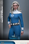 This image displays the full front view of the Hot Toys Invisible Woman one sixth scale figure standing in her classic blue and white Fantastic Four suit.