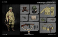 A full front view of the Facepoolfigure one sixth scale US Paratrooper Lieutenant Buck standing at attention in his WWII jumper uniform.