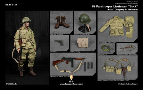 A full front view of the Facepoolfigure one sixth scale US Paratrooper Lieutenant Buck standing at attention in his WWII jumper uniform.