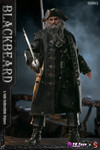This full frontal view of the one sixth scale Blackbeard figure showcases the genuine leather coat and weathered pirate accessories.
