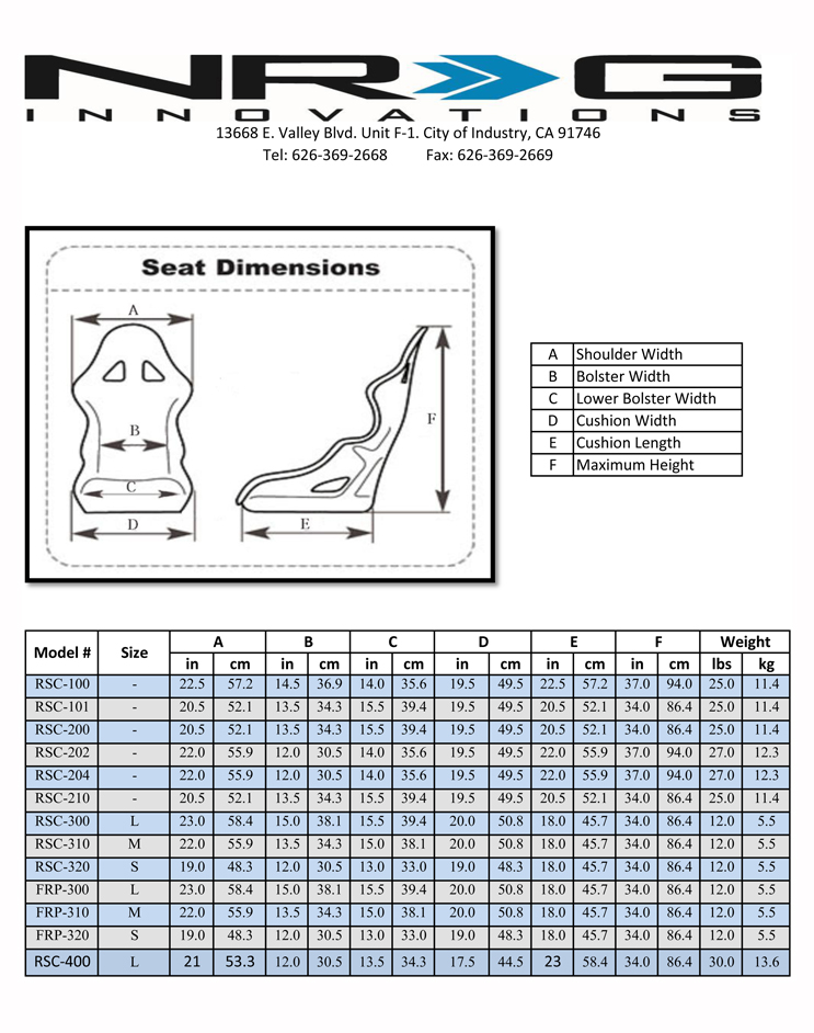 NRG Seat Size Chart