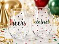"Celebrate" and "Cheers" Metallic Gold and Red Set of Two Stemless Wine Glasses 