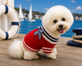 Red Cable Knit Dog Sweater with Blue & White Striped Bow