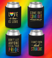 Pride Set of 4 Drink Koozies w Rainbow Colors and Fun Sayings in Gold