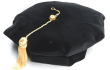 6-sided black velvet tam with gold bullion tassel.