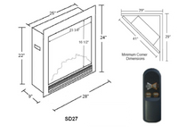 Specifications for the SD27 Electric Fireplace Insert.  Framing Dimensions are 26 1/2"W  x  23"H  x  10"D