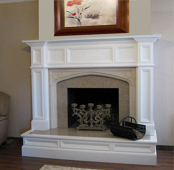 Our Oxford Mantel, Hampton Court Limestone Surround and one of our granite surround facing kits were combined for this customer along with the special custom wood raised hearth wrap.  Call for details and pricing!