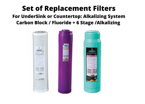 Set of three replacement filters for UnderSink or Countertop Alkalzing, Ionizing, and Infrared Cold Drinking water systems.