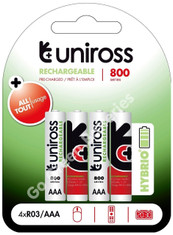 Uniross Hybrio AAA 800 mAh NiMH Rechargeable Batteries, Pre Charged. 4 Pack