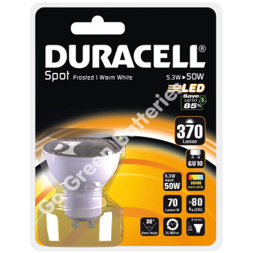Duracell GU10 5.3 Watt LED Spotlight. 370 Lumens (Frosted/Warm White)