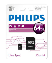 Philips 64GB MicroSD XC Memory Card, Class 10, with adapter. 1 Pack