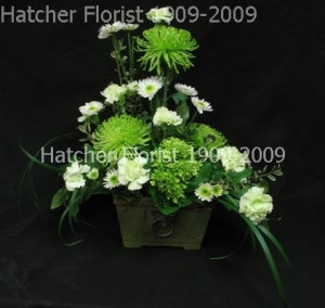 A rustic ceramic or wooden planter hold a gorgeous mix of green and white flowers, revert mums, green carnations, green lily grass and white button mums.