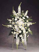 A noble tribute featuring pristine white flowers such as Carnations, Pompons, Monte Casino, Snapdragons, Stock, and elegant greens accented with a white ribbon.