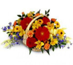 A basket of bright yellow Santini Mums, red Gerbera, yellow Alstroemeria, blue Limonium, blue Delphinium, and red Carnations.