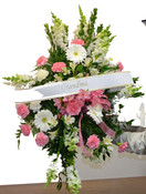 Mixed pink and white spray of gerbera, snapdragons, pink carnations and baby pink alstroemeria. Script is available as well. We deliver to all Toronto and area funeral homes, churches and visitation chapels.