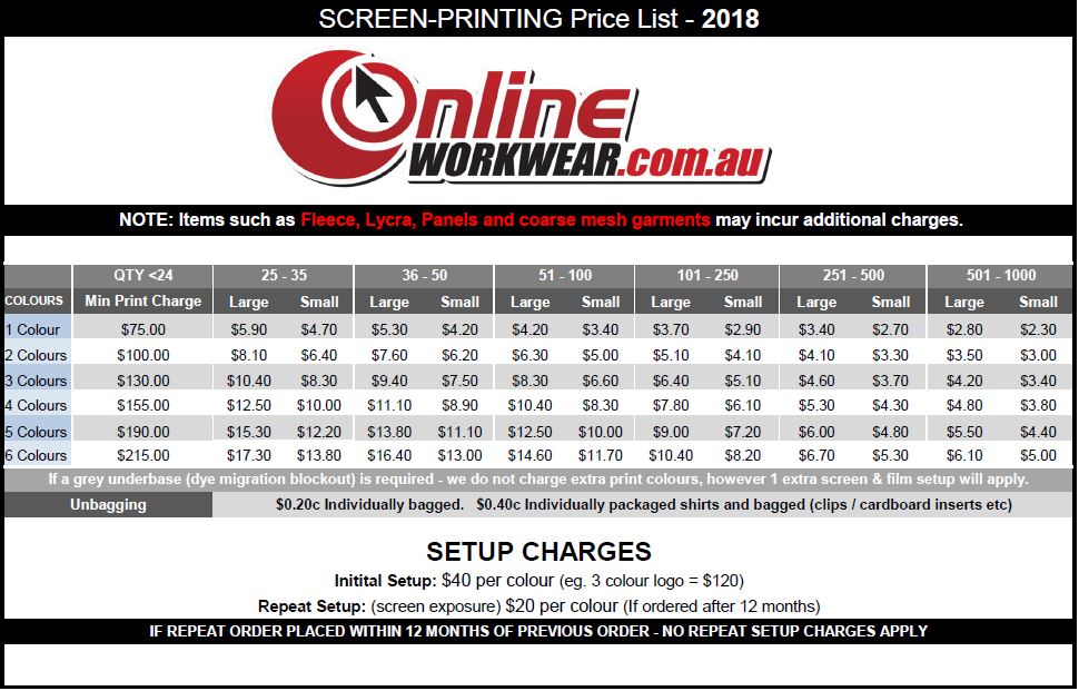 Screen printing price list Screen printing price list