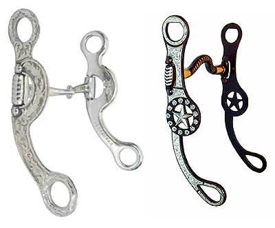 Left: The Argentine snaffle bit Right: A bit with swivel cheeks and a low port