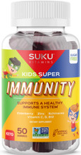 SUKU Kids Super Immunity Gummies are packed with Elderberry, Echinacea, Zinc and Vitamins C, D, and B12, designed to support immune function, cold symptoms and symptoms of upper respiratory tract infections