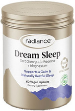 Radiance™ Dream Sleep contains Tart Cherry to support effective and deep sleep, Magnesium for muscle relaxation and the amino acid L-theanine helps calm the mind and relax the body.