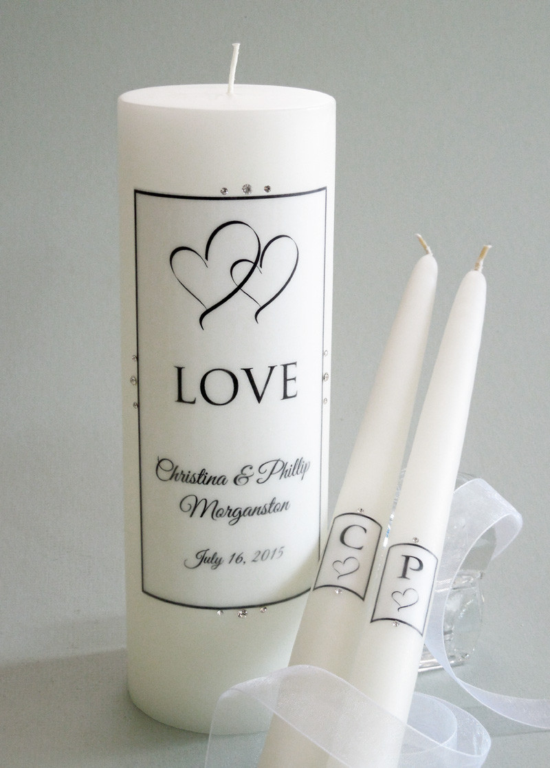 Personalised Grey Ribbon & Diamanté Heart Wedding Unity Candles gift keepsake 