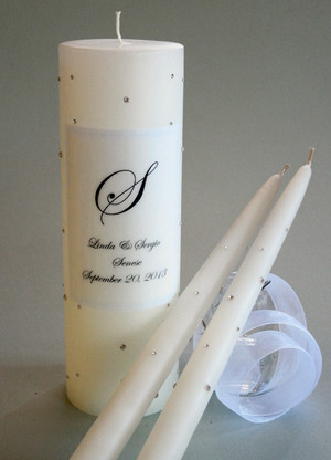 Personalized Wedding Unity Candle with matching tapers made with Swarovski Crystals in a scattered crystal design.