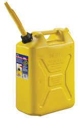 Scepter (Canada) 20 Litres Yellow HDPE Plastic (Petrol/Diesel) Tall Jerry Can, with pouring spout attached.