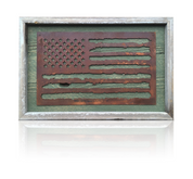 Rust American Flag on reclaimed alligator green wooden frame.