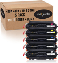 Halographic Remanufactured White Toner Replacement for HP 410a 410x cf410a cf410x Canon 046 046H for use in m477fnw m477fdw m452dn Canon mf733cdw Series | 5 Pack White BCMY Toner | Made in The USA
