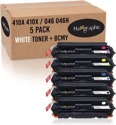 Halographic Remanufactured White Toner Replacement for HP 410a 410x cf410a cf410x Canon 046 046H for use in m477fnw m477fdw m452dn Canon mf733cdw Series | 5 Pack White BCMY Toner | Made in The USA