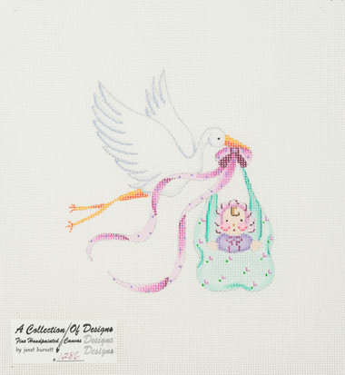 Hand-Painted Needlepoint Canvas - Janet Burnett - 1286 - Stork and Baby