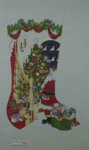 Hand-Painted Needlepoint Canvas - Strictly Christmas - CS-390 - Dog watching Santa on Stairs