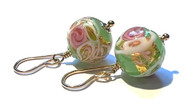 Pale Jade Green, Pink & Gold Murano Wedding Cake Earrings