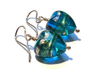 Aqua Green & Gold Murano Heart Earrings