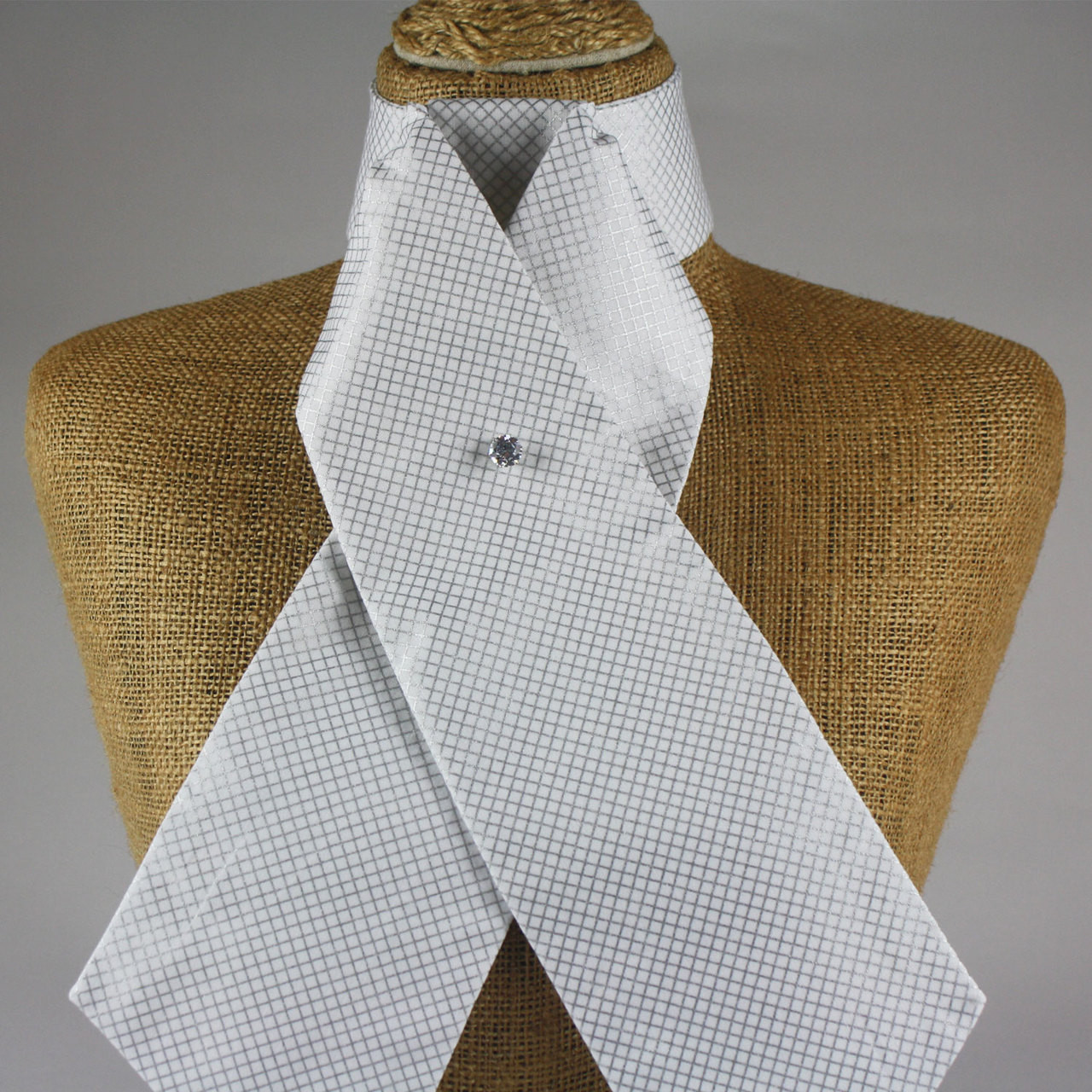 Horse Show Tie Dressage Stock Tie Pre-tied Eventing Stock Tie Handmade Dark silver satin and silver metallic braid on White Stock Tie