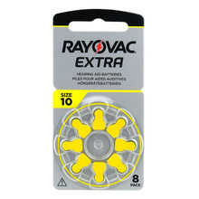 Rayovac Extra 10, 8 pieces, hearing aid batteries, high performance, zinc air batteries, 1 blister card, yellow