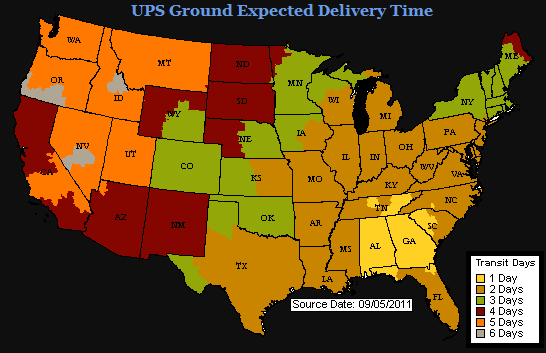 As you can see, we can get parts to the southern states within 1 or 2 days with UPS Ground