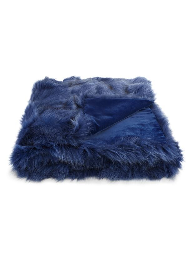 Wolfie Furs Cobalt Blue Genuine Fox Fur Throw Blanket, 48"W x 88"L