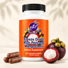 Natural Home Cures Freeze-Dried Rich Pericarp Mangosteen supplement bottle with loose capsules and whole mangosteen fruit