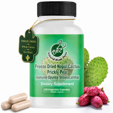 Natural Home Cures Freeze-Dried Nopal Cactus supplement bottle with loose capsules, cactus pads, and ripe prickly pear fruit