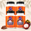 Natural Home Cures Freeze-Dried Rich Pericarp Mangosteen supplement bottle with loose capsules and whole mangosteen fruit