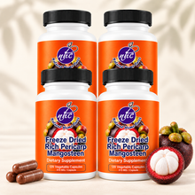 Natural Home Cures Freeze-Dried Rich Pericarp Mangosteen supplement bottle with loose capsules and whole mangosteen fruit