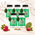 Natural Home Cures Freeze-Dried Nopal Cactus supplement bottle with loose capsules, cactus pads, and ripe prickly pear fruit
